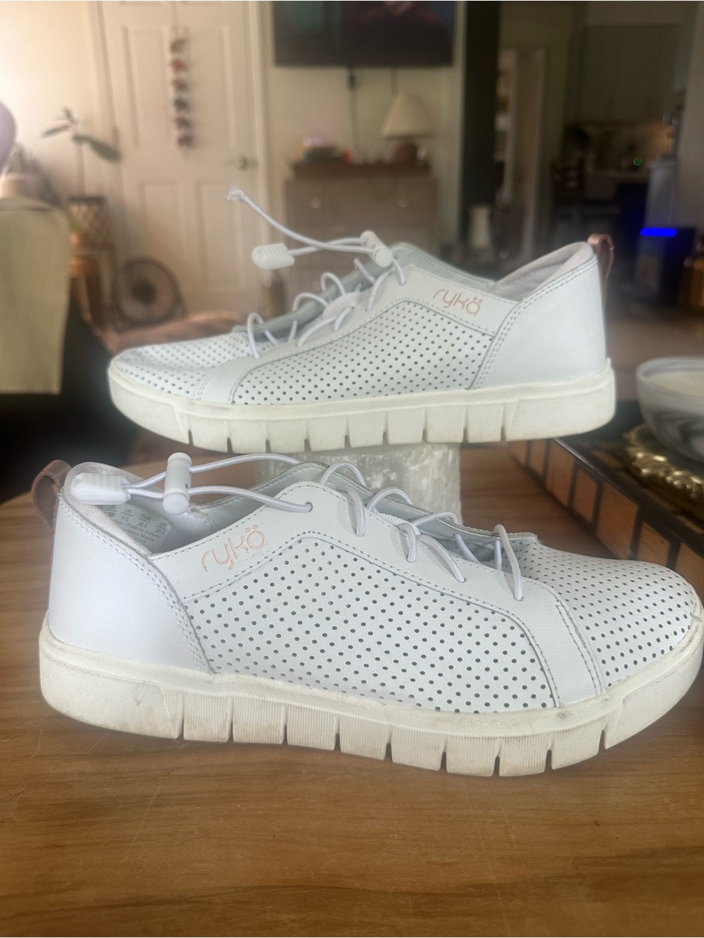 Ryka White Perforated Slip-On Sneakers with Blush Logo Accent size 8.5